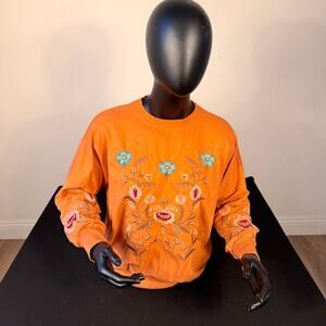 New Orange Floral Embroidered Oversized Sweatshirt
